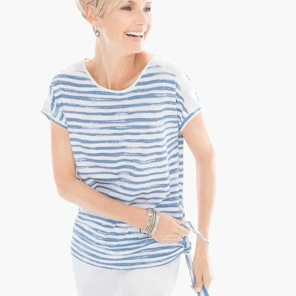 Zenergy by Chicos Striped Tie-Waist Sequin Shoulder Tee- Size “0”- Small - Picture 1 of 12
